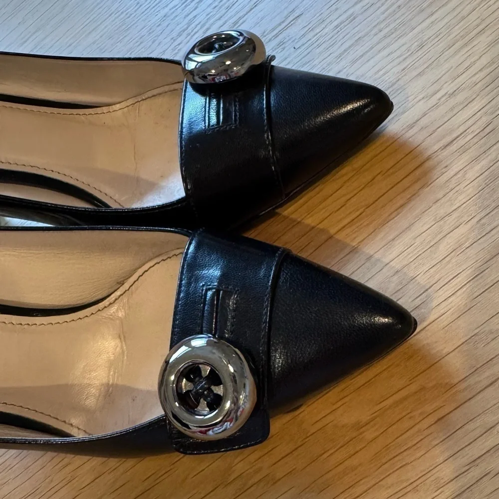 PRADA Black Leather Pointed Toe Button Accent Pumps Heels Shoes Size 38